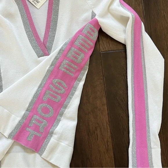 Bebe SPORT NWT White Pink Silver V-Neck Hoodie Long Sleeve Stretch Top Sz S - Picture 11 of 17